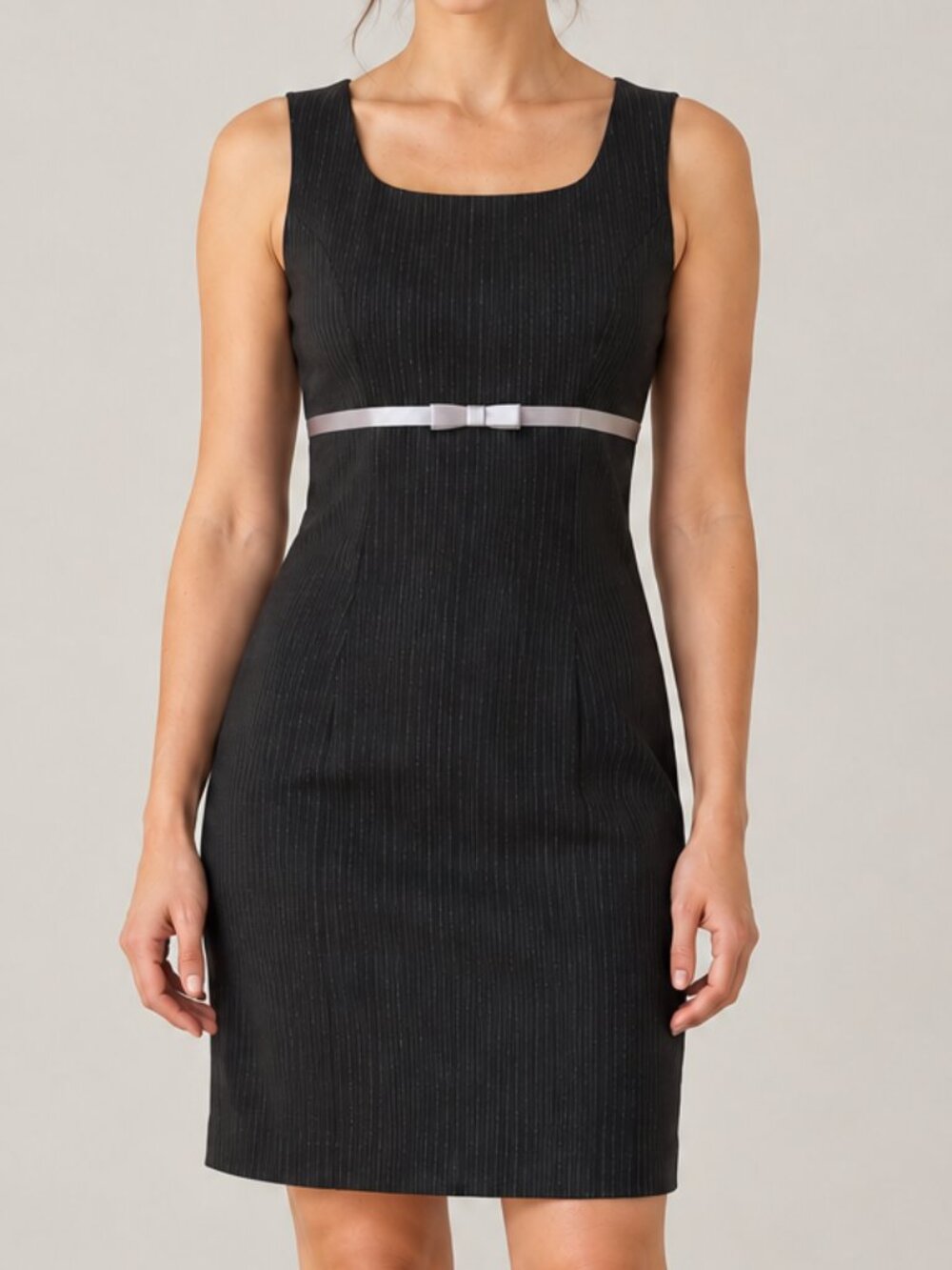 Black Pinstripe Bow Dress I.N. San Francisco Sleeveless Sheath Office Siren Prep